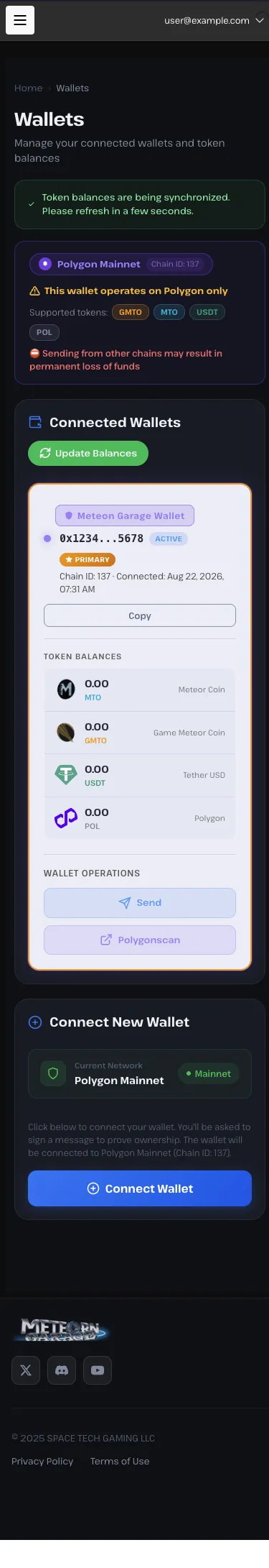 The Meteon Garage Wallets page: Polygon-only notice, Meteon Garage Wallet address, MTO, GMTO, USDT and POL balances, Send and Polygonscan buttons