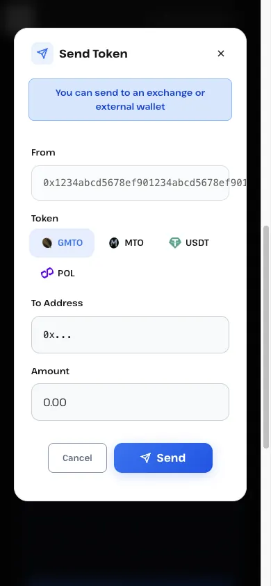 The Meteon Garage Send Token dialog: From, Token (GMTO/MTO/USDT/POL), To Address and Amount fields