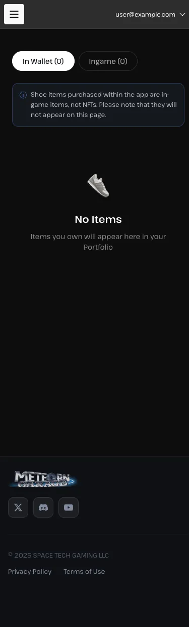 The Meteon Garage My NFT page (In Wallet tab), with a note that sneakers bought in-app are not NFTs