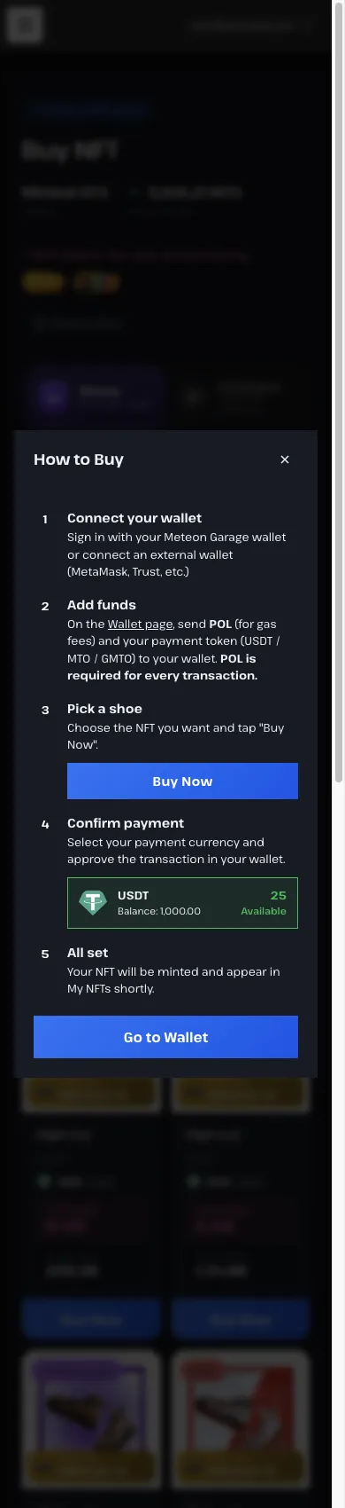 The Meteon Garage How to Buy modal: five steps — Connect your wallet, Add funds, Pick a shoe, Confirm payment, All set