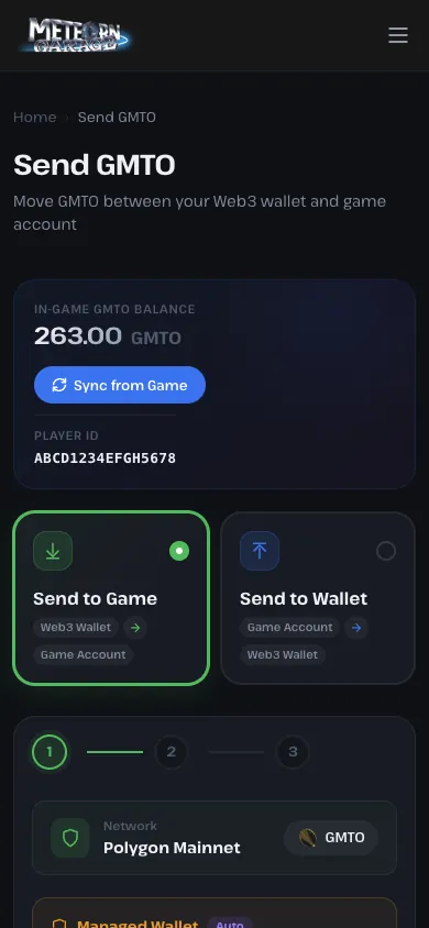 Top of the Meteon Garage Send GMTO page: IN-GAME GMTO BALANCE, Sync from Game, and the Send to Game / Send to Wallet choice