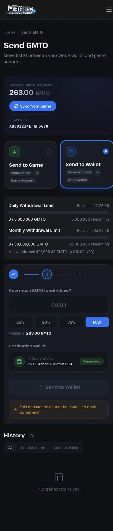 Meteon Garage Send GMTO page with Send to Wallet selected, showing Daily Withdrawal Limit 5,000,000 GMTO, Monthly Withdrawal Limit 30,000,000 GMTO, a minimum withdrawal of about 10 dollars, and the amount field