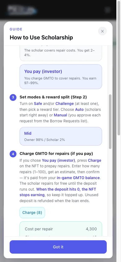 Meteon Garage Scholarship How to Use, steps 3–4: Set modes & reward split and Charge GMTO for repairs