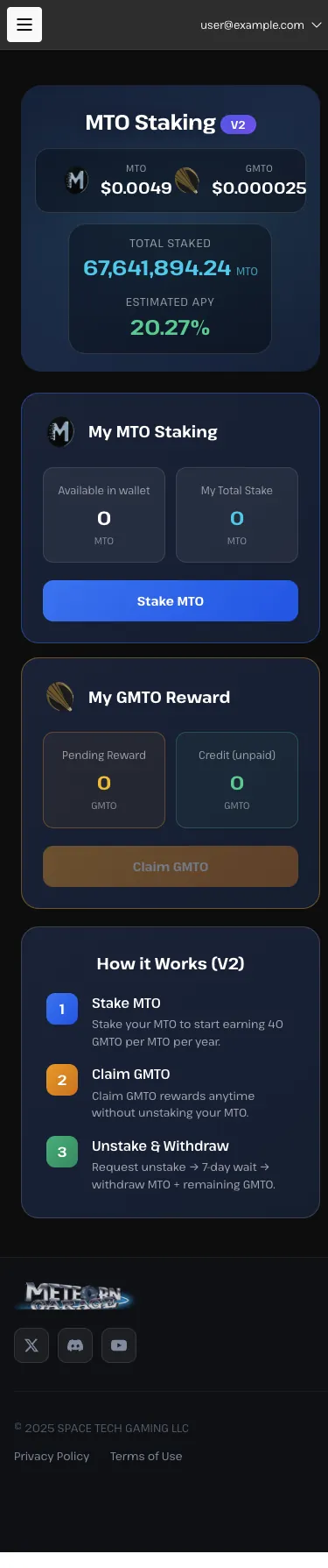The Meteon Garage MTO Staking V2 page: TOTAL STAKED, ESTIMATED APY, My MTO Staking, My GMTO Reward and How it Works (V2)